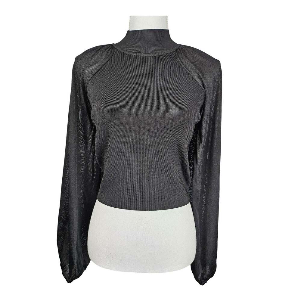 SHEIKE BLACK LONG-SLEEVE TOP – SIZE SMALL – SHEER SLEEVES – RIBBED BODICE